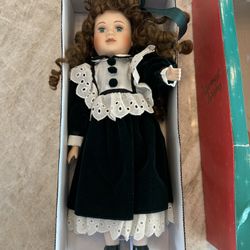 Christmas Doll- 16” Porcelain Face in Holiday Dress.