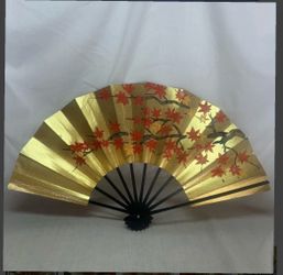 Vintage Hand-Painted Gold Lacquered Oriental Folding Fan 20x11 double sided