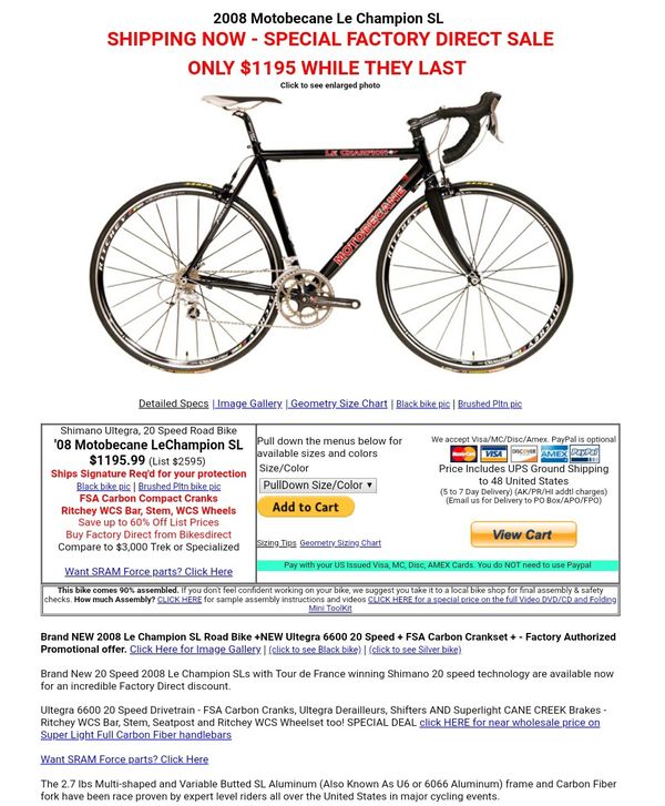 Motobecane Road Bike Sizing Chart