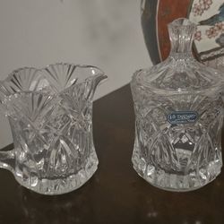 Clear Cut Glass Crystal Creamer And Sugar With Lid Never Used Still In Box