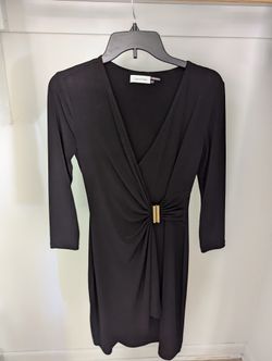 Women's Black Calvin Klein 3/4 Sleeve Knee V-neck Length Dress Size 2