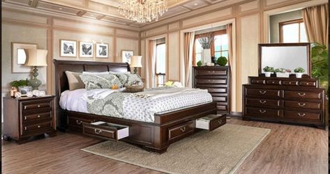 Brand New Brown Cherry 4pc Queen Bedroom Set (Available in California & Eastern King)
