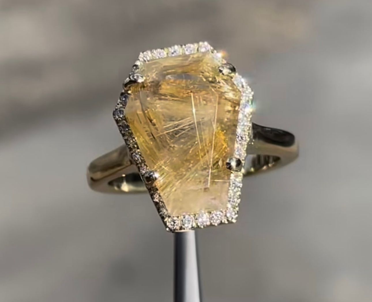 14k yellow gold quartz diamond ring