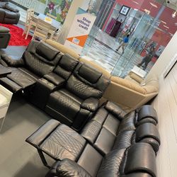 New Year’s Sale Event. Santiago Black Leather Reclining Sofa And Loveseat. Set Only $999. Easy Finance Option. Same Day Delivery