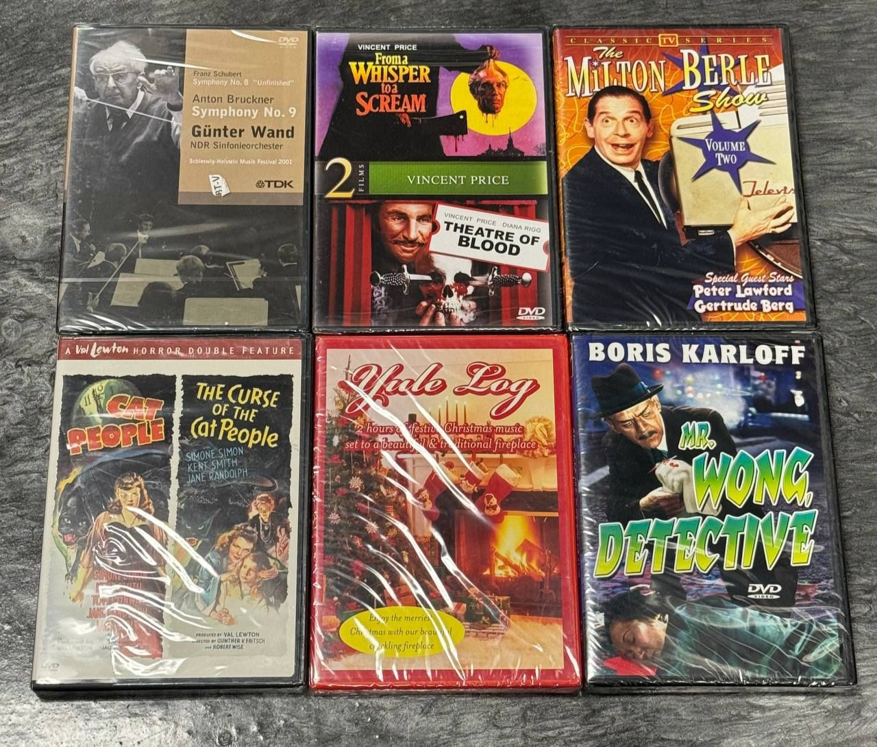 LOT OF 6 BRAND NEW DVD disc - symphony No.9 , from a whisper to a scream, the Milton Berle show, cat people, Yule log, mr. Wong, detective. SEALED