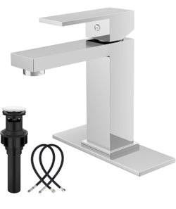 Midanya Bathroom Faucets 1 Hole, Single Handle Stainless Steel Bathroom Sink Faucet, Modern Vanity Faucets with Deck Plate,Water Supply Hoses and Pop 
