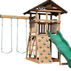 Backyard Discovery Lightning Ridge Cedar Wood Swing Set with Wave Slide, Play Deck, Rock Wall, Sandbox, Belt Swings, Toy Telescope, Steering Wheel, St