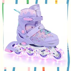 Purple Adjustable Inline Skates with Light Up Wheels, Kids Size 5-8. New, in box.