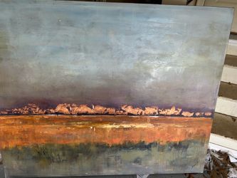Abstract Landscape Painting, Nature Theme, Brown Field Gray Sky, Unframed