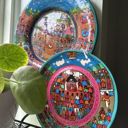 2 Mexicana Plates Bright Color Handmade Painted Terra Cotta Clay Pottery 9.5” And 12”