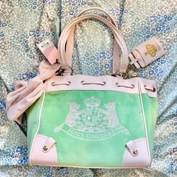 New Green Pink Juicy Couture Purse Daydreamer Tote Bag Velour Scottie Dog 