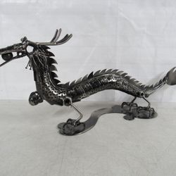 Asian Serpentine Dragon Scrap Steel Metal Sculpture 18 1/4" Length

