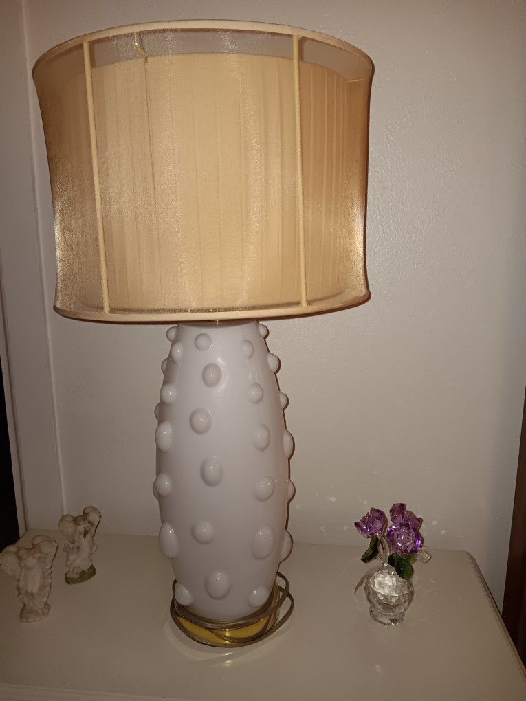 Vintage Milk Glass Lamp With Nylon Pleated Lamp Shade