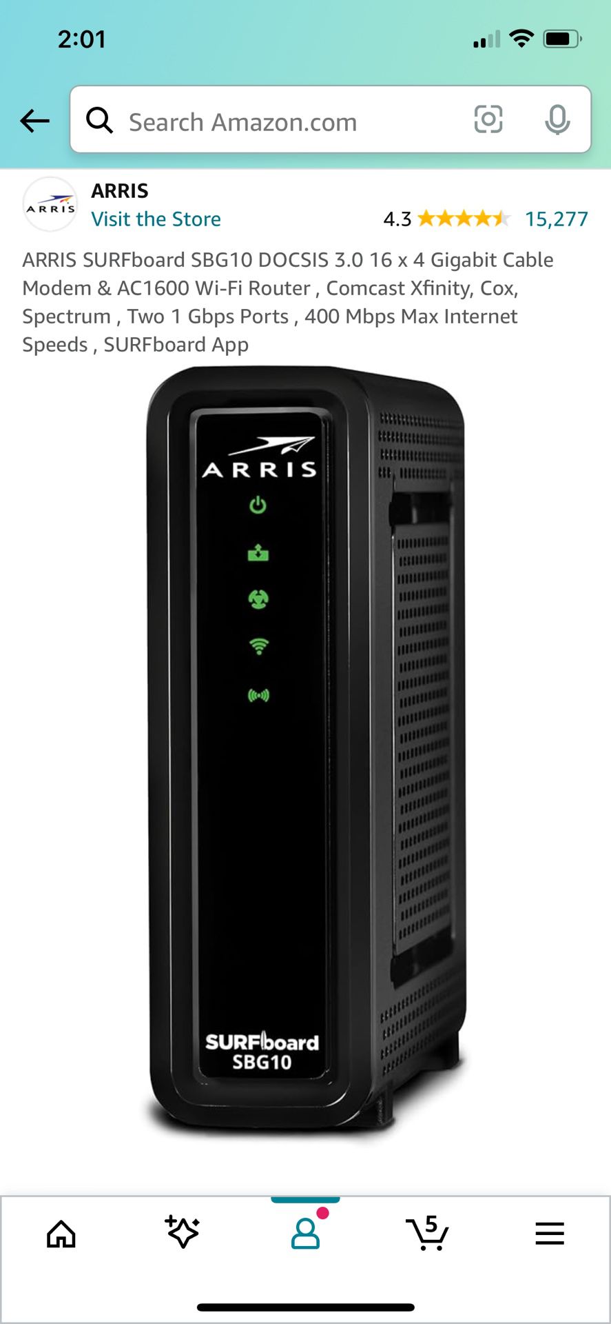 ARRIS SURFboard SBG10 DOCSIS 3.0 16 x 4 Gigabit Cable Modem & AC1600 Wi-Fi Router