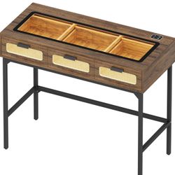 Rattan Makeup Vanity with LED Lights, Vanity Desk with Glass Top Design & Charging Station, Wooden Makeup Table with Drawers, Dressing Table for Girls