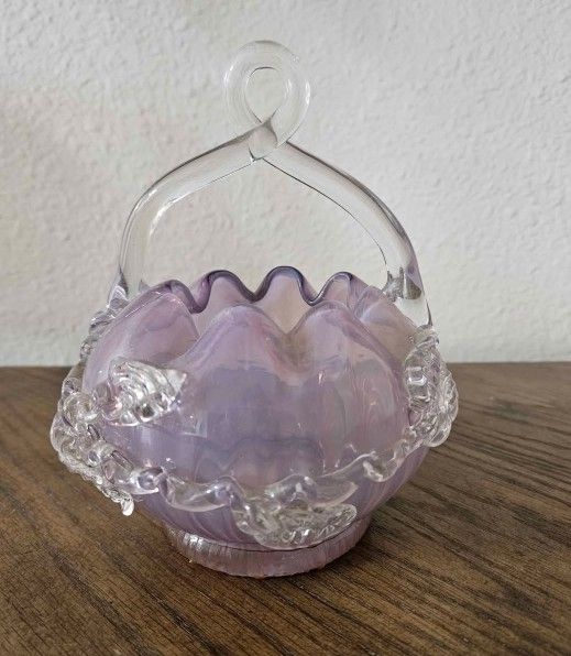 ANTIQUE BOHEMIAN AMETHYST BLOWN GLASS BASKET, CLEAR GLASS APPLIED LEAVES,