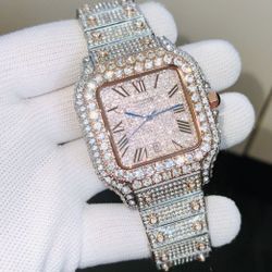Two Tone Iced Out Cartier Santos Moissanite Watch