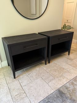 Set of two Restoration Hardware French contemporary night stands black oak/ satin bronze , 32inches wide. RH bedroom side tables