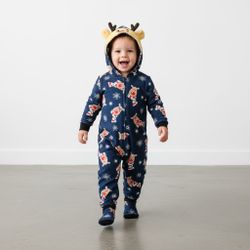 Reindeer Jumpsuit Onesie Child’s 18 Months Christmas Hooded 3D Blue Zip Front