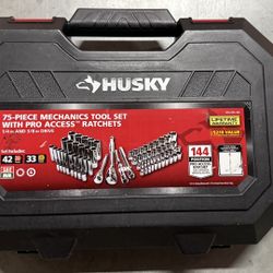 Husky 75‑Piece Mechanics Tool Set ¼″ & ⅜″ Drive Ratchet Wrench Socket Case – Good Used
