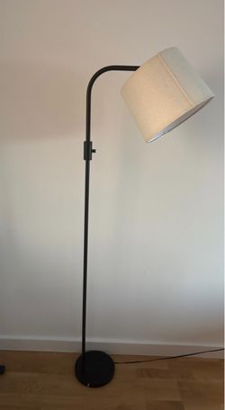 Pair of Modern Arched Floor Lamps – Matte Black & Linen Drum Shades