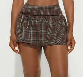 New Brown Plaid Mini Skirt ; Size Large
