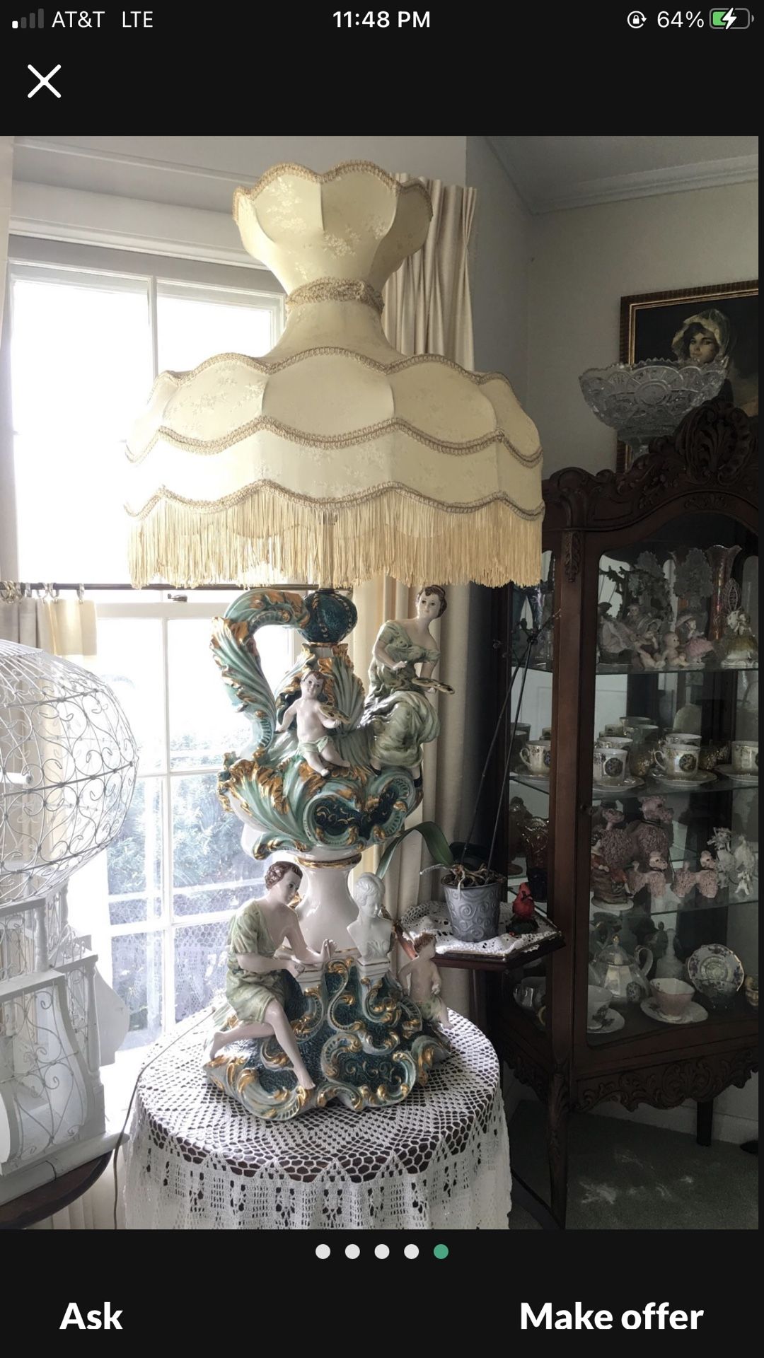 ANTIQUE LAMP. STATUE 30.5”TALL WITH LAMP SHADE IT IS 53 .5” HIGH