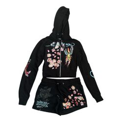 Ed Hardy Phoenix Zip Front Short Set Size Small