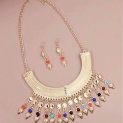 Colorful Stone Tassel Charm Gold Plated Set Necklace and Earrings
