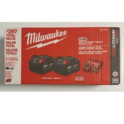 (2)Milwaukee M18 RedLithium XC8.0 Batteries With Dual Bay Rapid Charger, Starter Kit
