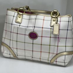 Coach💥NEW💥 F19176 Hampton Ivory Multi Tattersall Plaid PVC Canvas Tote 