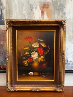 Vintage Floral Oil Painting Signed Bouchet Ornate Gold Frame Still Life 22.5” x 18.5”