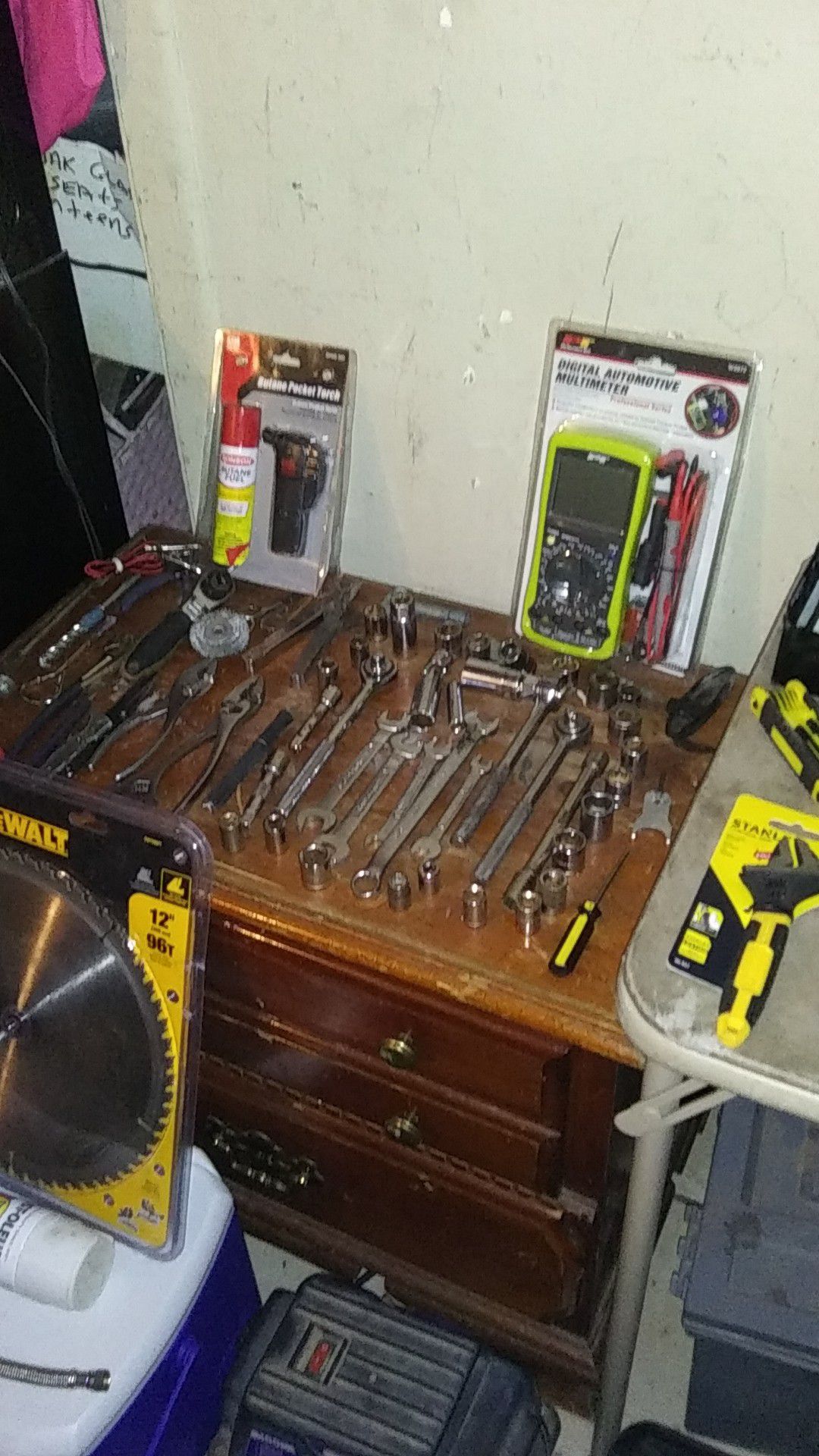 Tools......brand new multi reader in package. Torches propane. Set of drill bits.. Ratchets... Sockets..gauges...mcompressor..knew ice chest...