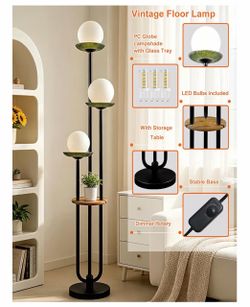 3-Globe Black Floor Lamp Dimmable with Green Glass Tray Tall Lamp