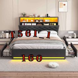 (T561_1)Modern Bed Frame with 4 Under Bed Storage Drawers, Charging Station,