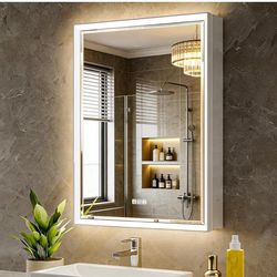 Beveled Lighted Medicine Cabinet with Mirror & Lights -24x32 Surface or Recessed Mirrored Medicine Cabinet with Outlet & Clock, Anti-Fog Dimmable LED 