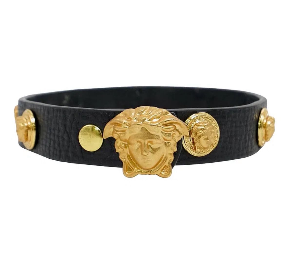 Attrib. Versace Leather and Gilt Metal Choker/bracelet