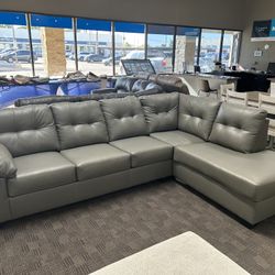 Grey Leather Tufted Sectional Couch