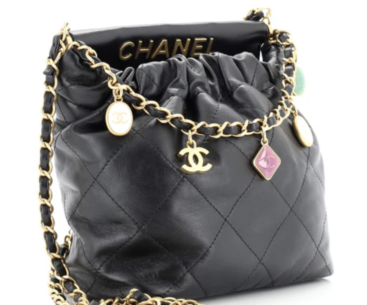 Chanel Resin Charms Chain Bucket Bag Quilted Lambskin Small for