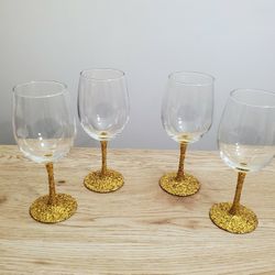 NEW SET of (4) Handcrafted DYI Gold Glitter Stem Wine Glasses
