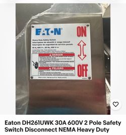 Eaton DH261UWK 30A 600V 2 Pole Safety Switch Disconnect NEMA Heavy Duty