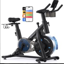 Merach Exercise Bike, Brake Pad/ Magnetic Stationary Bike with Exclusive App, Low Noise Indoor Cycling Bike with 270LBS Weight Capacity, Dumbbell Rack