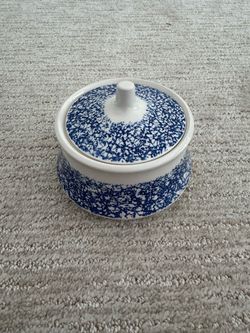 Vintage JCPenney Odyssey Ironstone Covered Sugar Bowl Blue Spongeware Japan