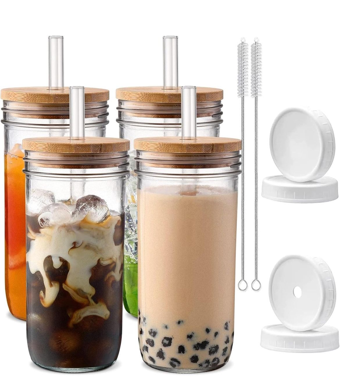 Glass Cups with Lids and Straws,24 oz Smoothie Cup with Lid and Straw-Boba Mason Jar,Wide Mouth Reusable Drinking Glasses,Iced Coffee Cups Glass,Vasos