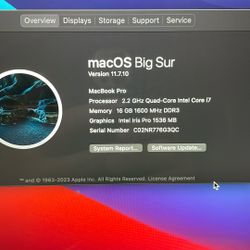 (#9) Apple Macbook Pro, 15”  2.2 , i7, 16 Ram 250 SSD