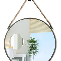Round Mirror, Rope Hanging Mirror, 15 Inch Farmhouse Circle Wall Mirror for Bathroom Bedroom Living Room Entryway Home Decor, Grey