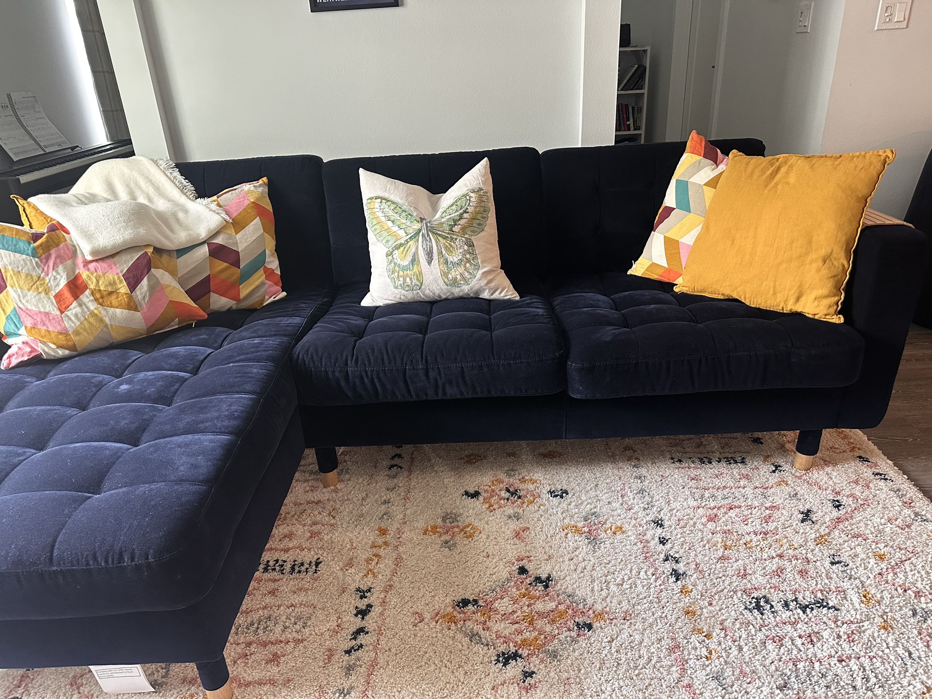 Ikea Blue Velvet Couch w/chaise And Cushions