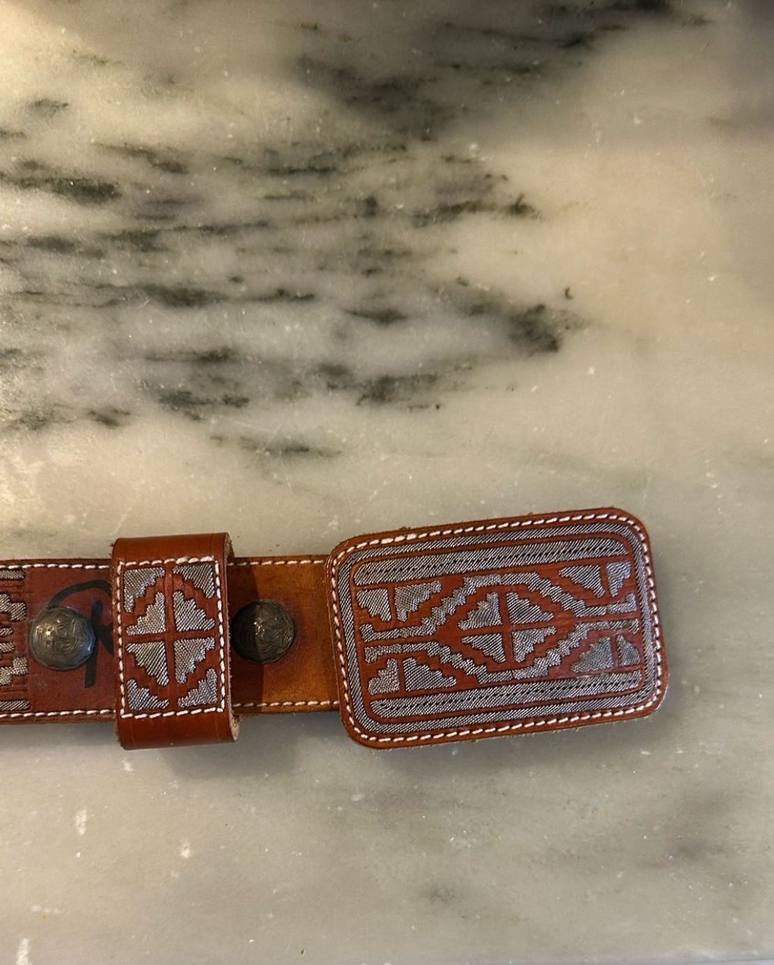 Mexican Made Leather Belt With Sewn Silver Thread