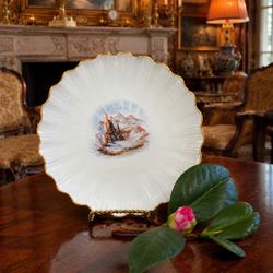 Antique Europe Fine Porcelain Scalloped Plate Bowl Candy Dish Original Vintage Ring Catch European Castle Fortress Depiction Heavy Gold Trim HILLCREST