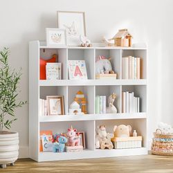 Bookshelf, 3-Tier Open Bookshelf, 10 Cube Horizontal Bookcase, Storage Organizer with Anti-Tilt Device, Floor Standing Wood Bookcase for Ho